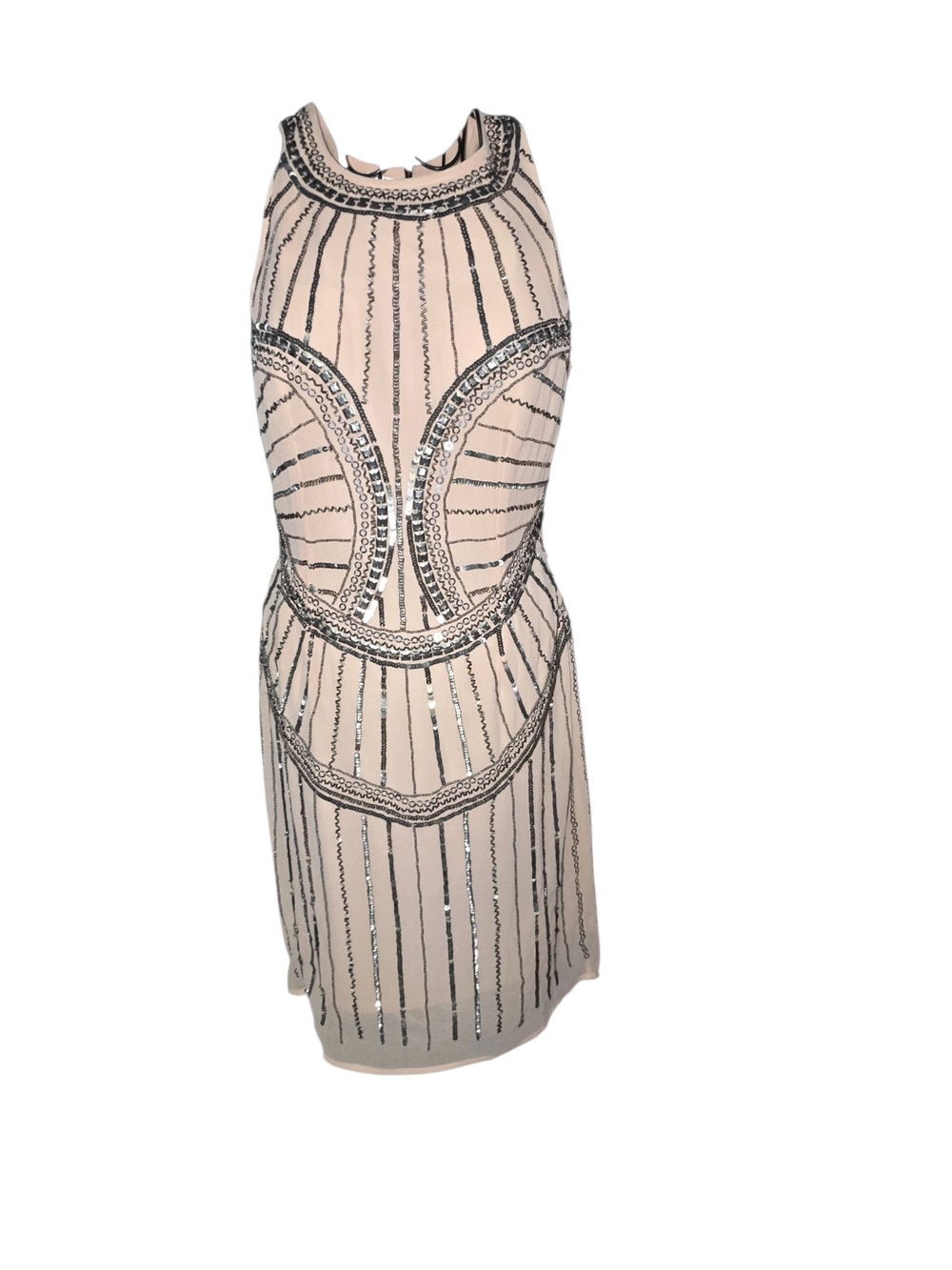 VENUS Nude Beaded Halter Cocktail Dress with Silver Accents